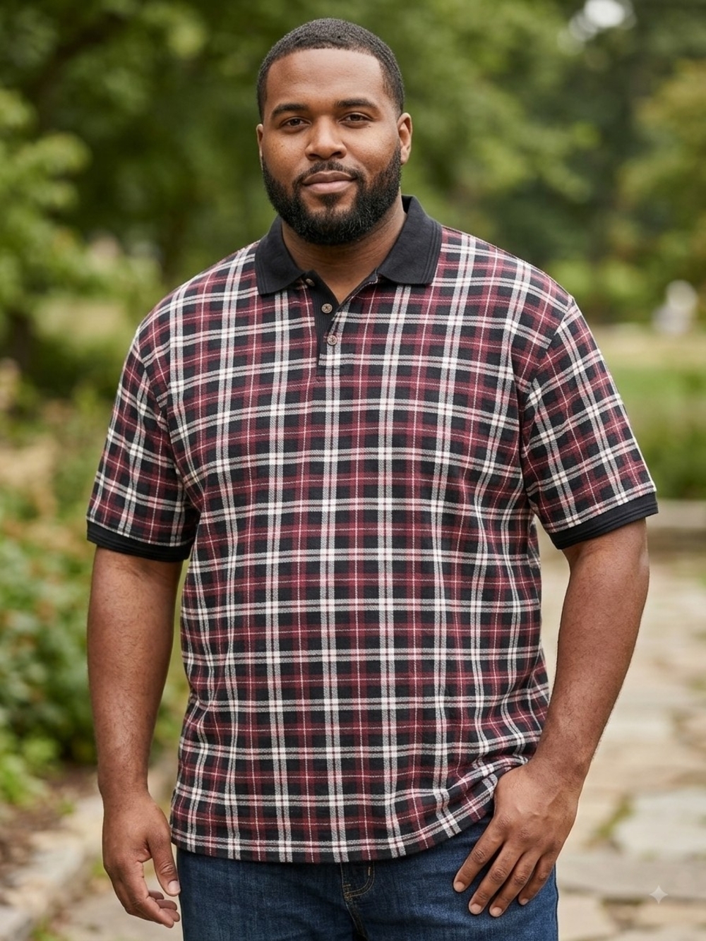 Men's Black and Burgundy Plaid Short-Sleeve Polo 100% Cotton Size XL/XG.   MS 38